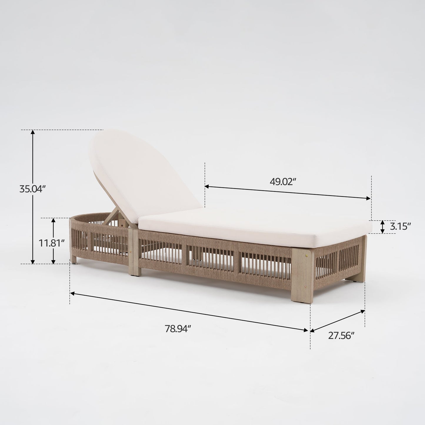 Wooden chaise lounge adjustable backrest rope cushion