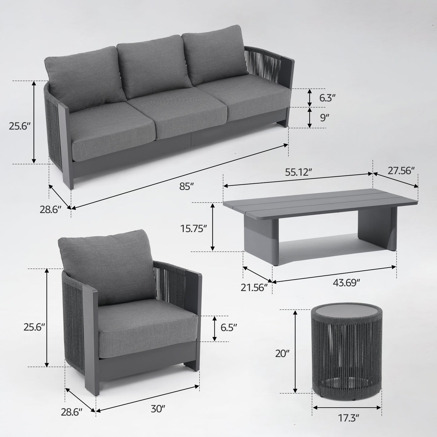 Aluminum Rope Outdoor Seating Set with Swivel Chairs and Tables