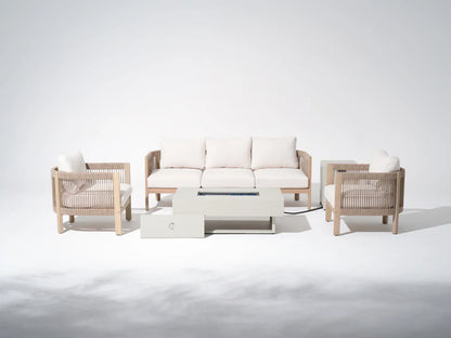 Wooden outdoor furniture set with fire pit table