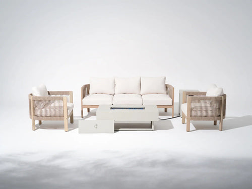 Wooden outdoor furniture set with fire pit table