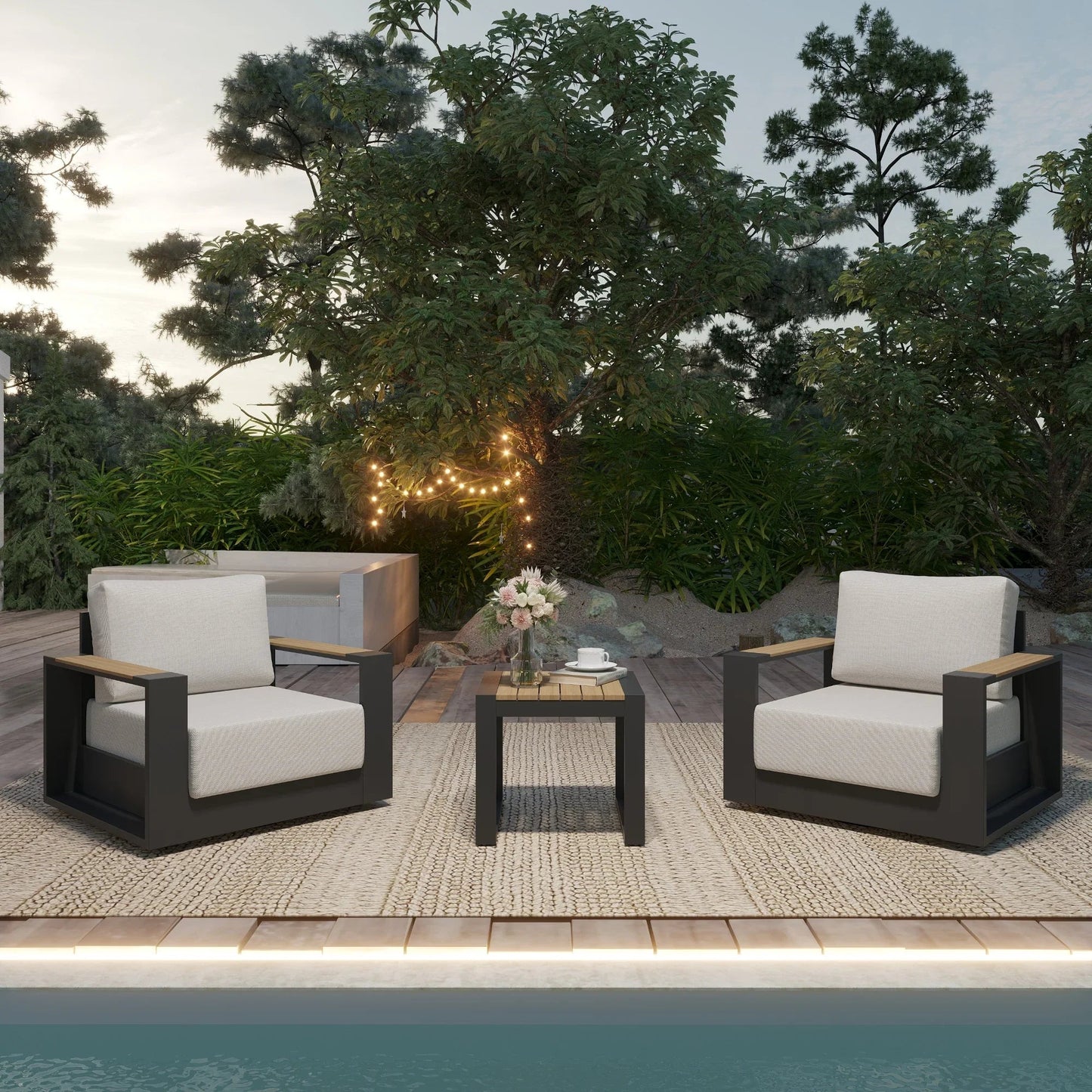 3 Piece Outdoor Swivel Chair Set with Side Table Wide Armrests