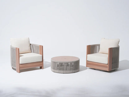 3 Piece Rope Rattan Outdoor Set with Swivel Chair Table
