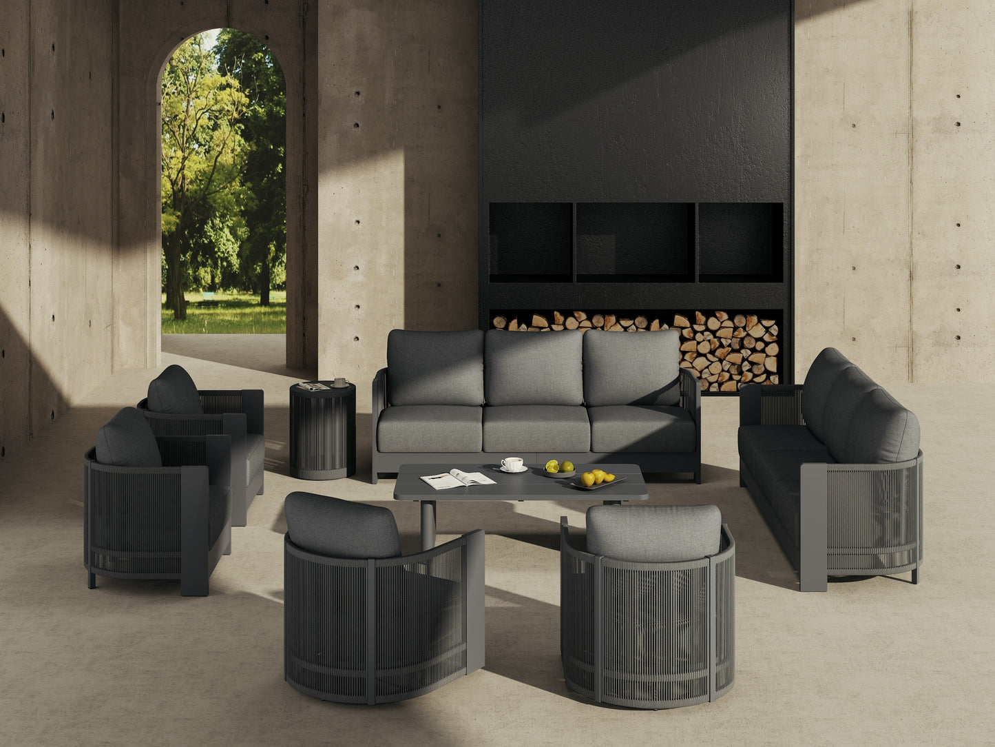 Aluminum Rope Outdoor Seating Set with Swivel Chairs and Tables