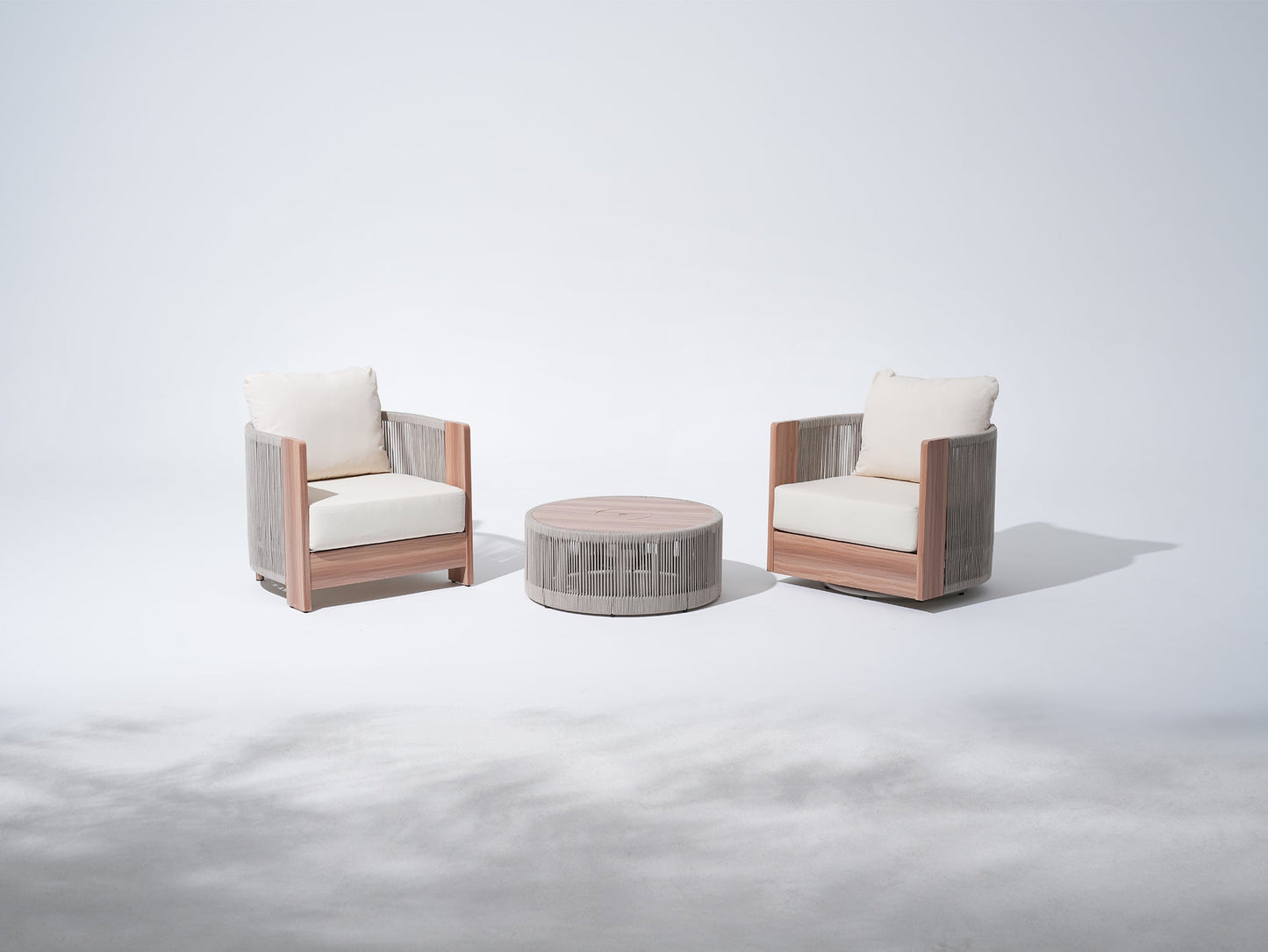 3 Piece Rope Rattan Outdoor Set with Swivel Chair Table