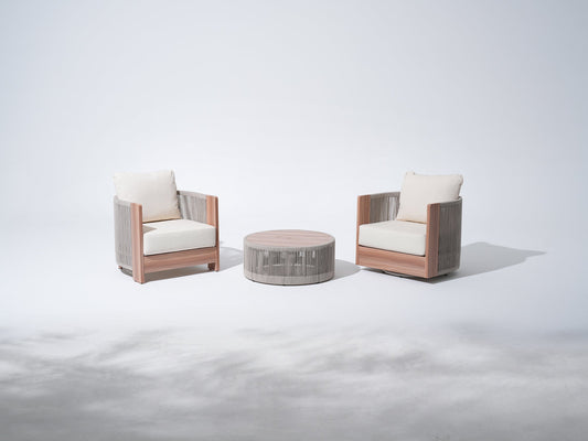 3 Piece Rope Rattan Outdoor Set with Swivel Chair Table