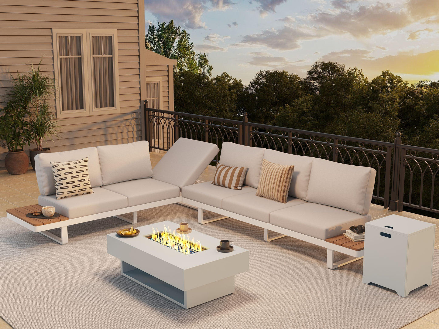 Aluminum l shape outdoor sectional sofa set with fire pit table