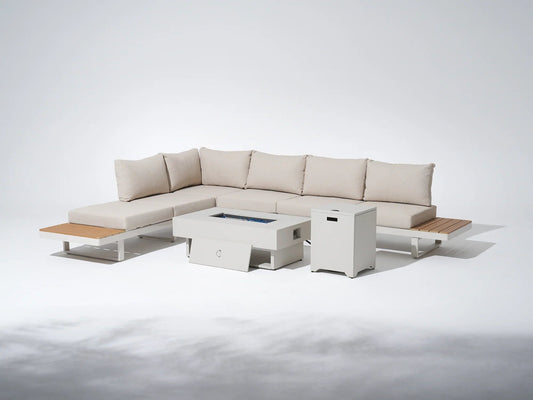 Aluminum l shape outdoor sectional sofa set with fire pit table