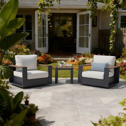 3 Piece Outdoor Swivel Chair Set with Side Table Wide Armrests