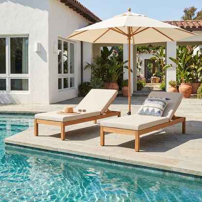 Outdoor chaise lounge adjustable backrest eucalyptus linen cushion