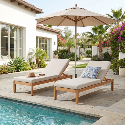 Outdoor chaise lounge adjustable backrest eucalyptus linen cushion