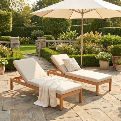 Outdoor chaise lounge adjustable backrest eucalyptus linen cushion