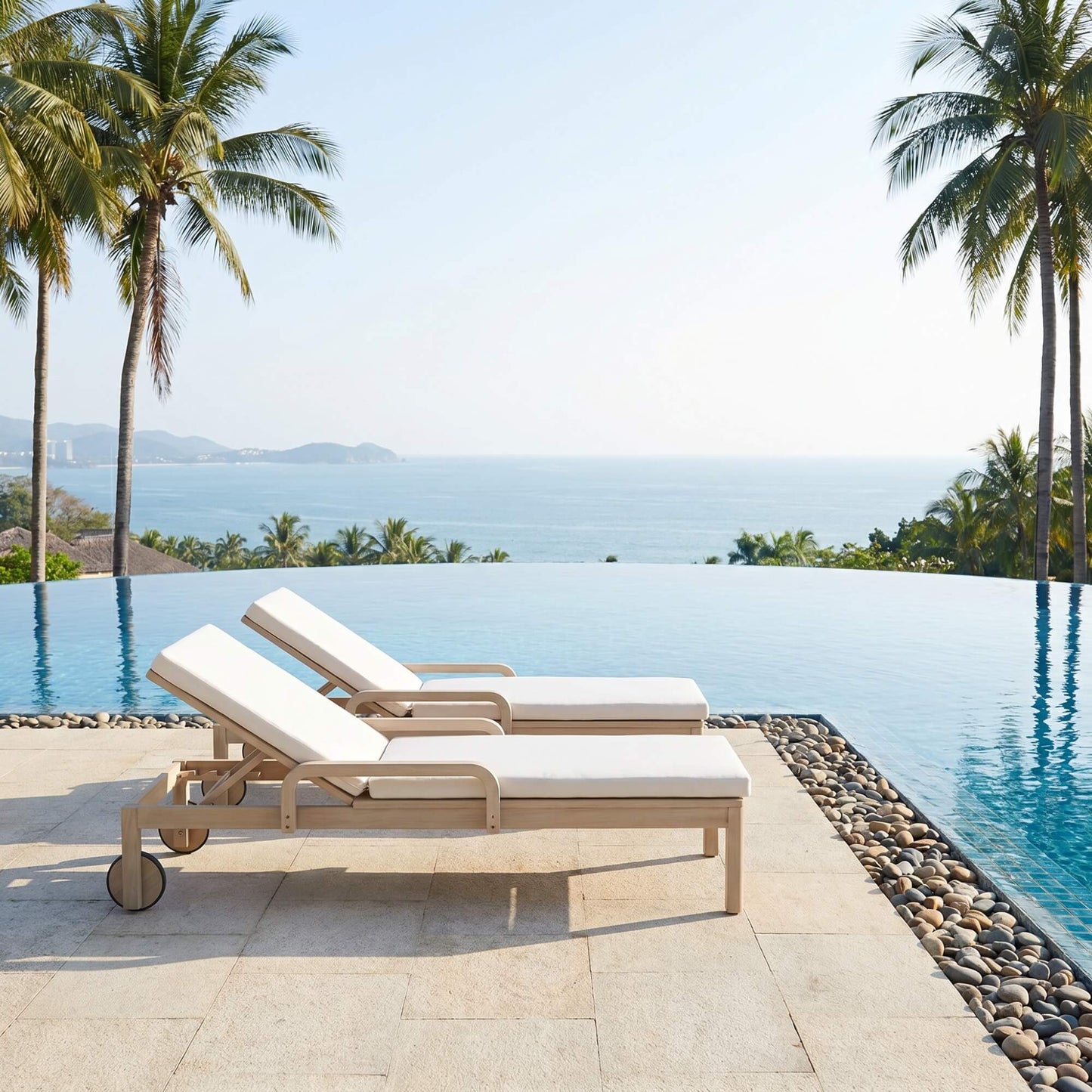 Wooden outdoor chaise lounge adjustable backrest wheels cushion