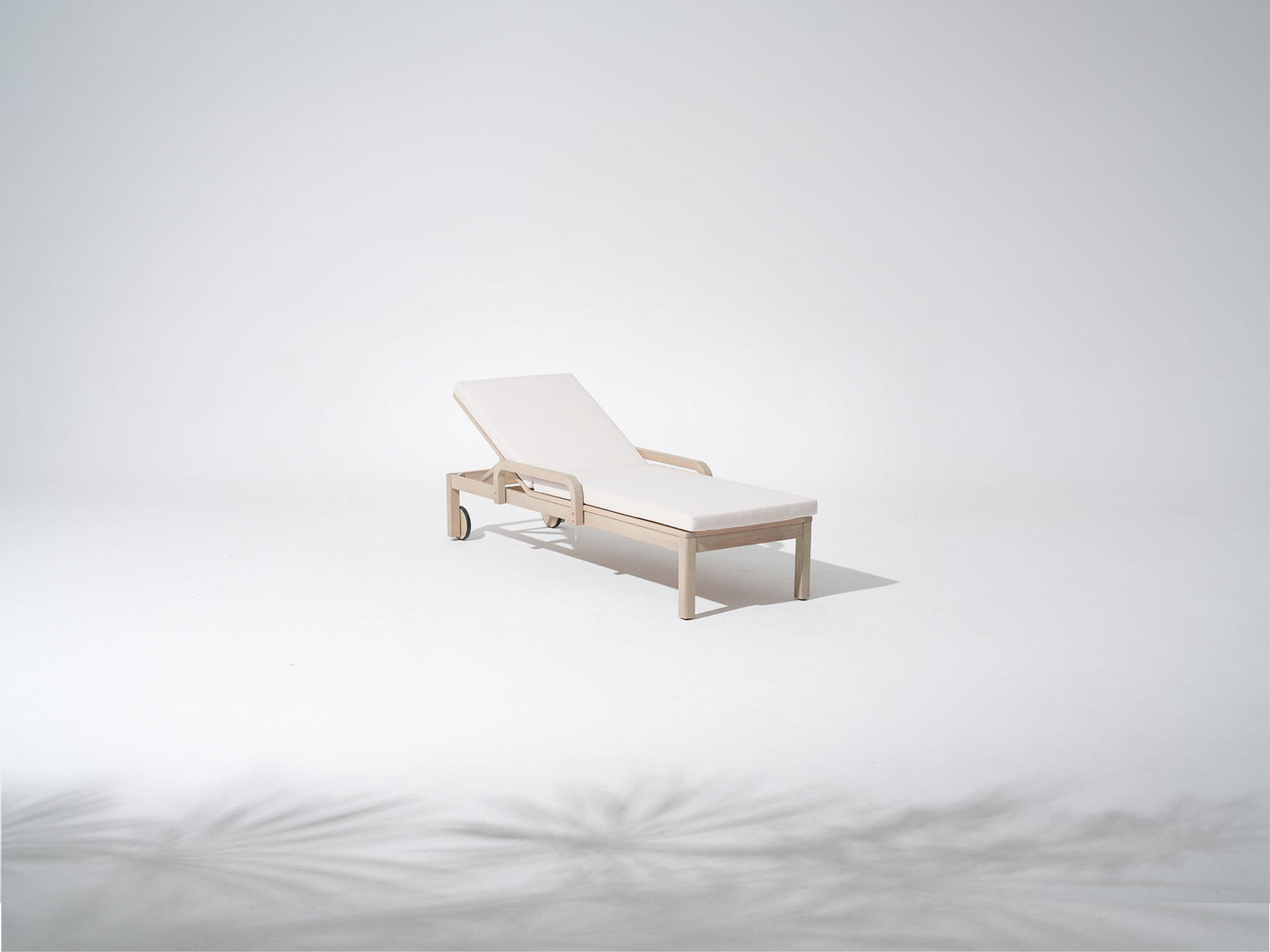 Wooden outdoor chaise lounge adjustable backrest wheels cushion