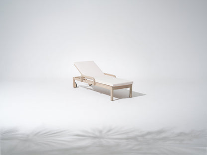 Wooden outdoor chaise lounge adjustable backrest wheels cushion
