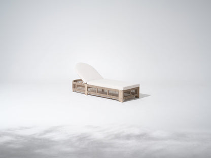 Minimalist outdoor lounge chair with wooden frame and white cushion