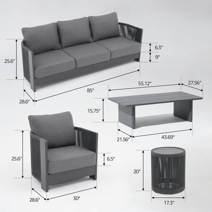 Aluminum Rope Outdoor Seating Set with Swivel Chairs and Tables