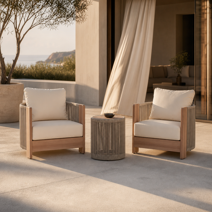 Aluminum Outdoor Bistro Set with Rope Rattan Wood Look Finish