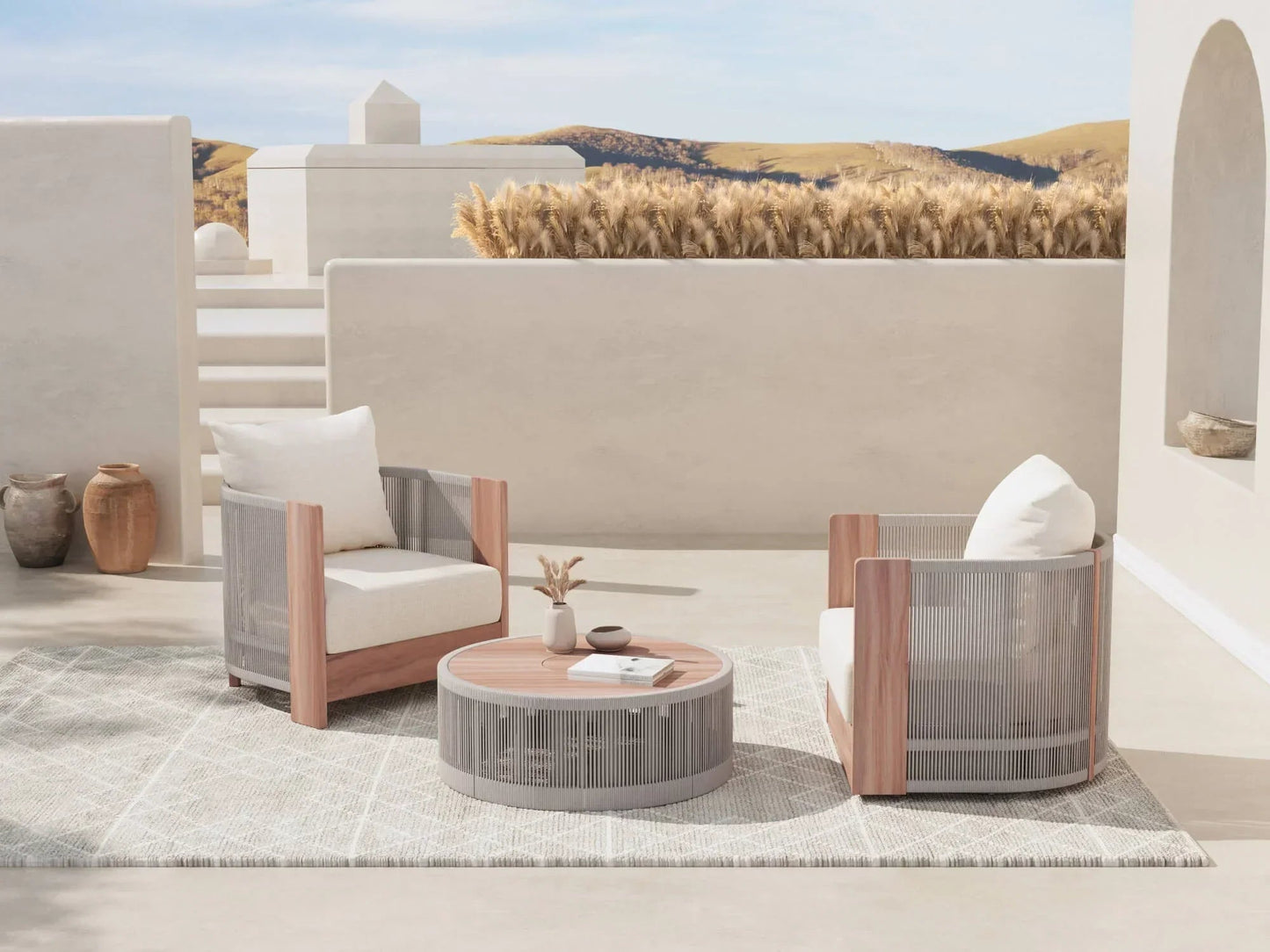 3 Piece Rope Rattan Outdoor Set with Swivel Chair Table