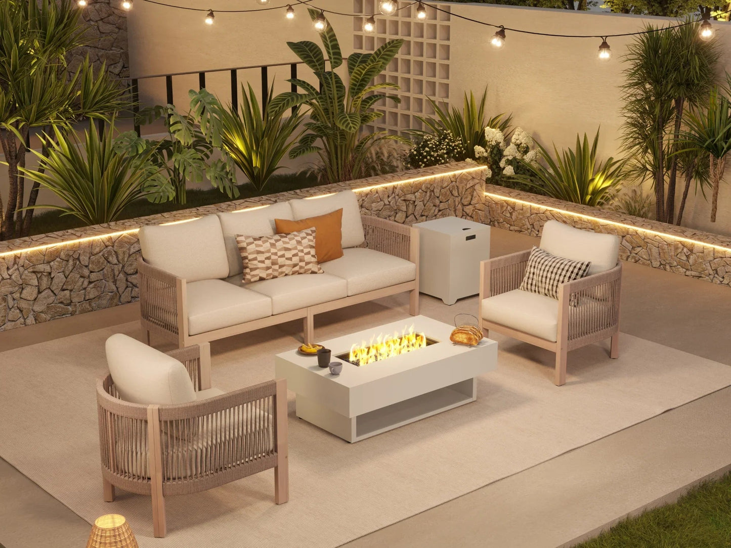Wooden outdoor furniture set with fire pit table