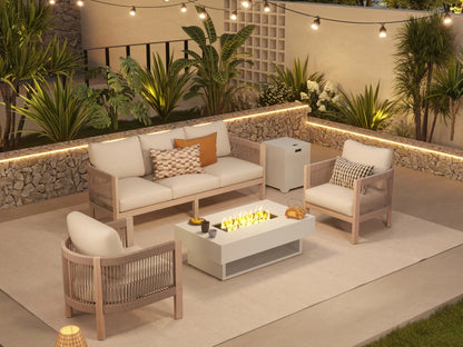 Wooden outdoor furniture set with fire pit table