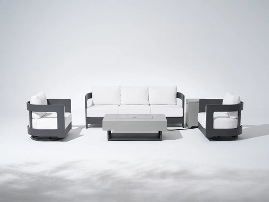 Aluminum Outdoor Sofa Set with Fire Pit and Swivel Chairs