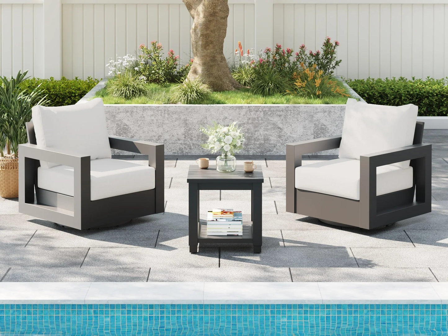 Aluminum Outdoor Swivel Chairs with Side Table Set