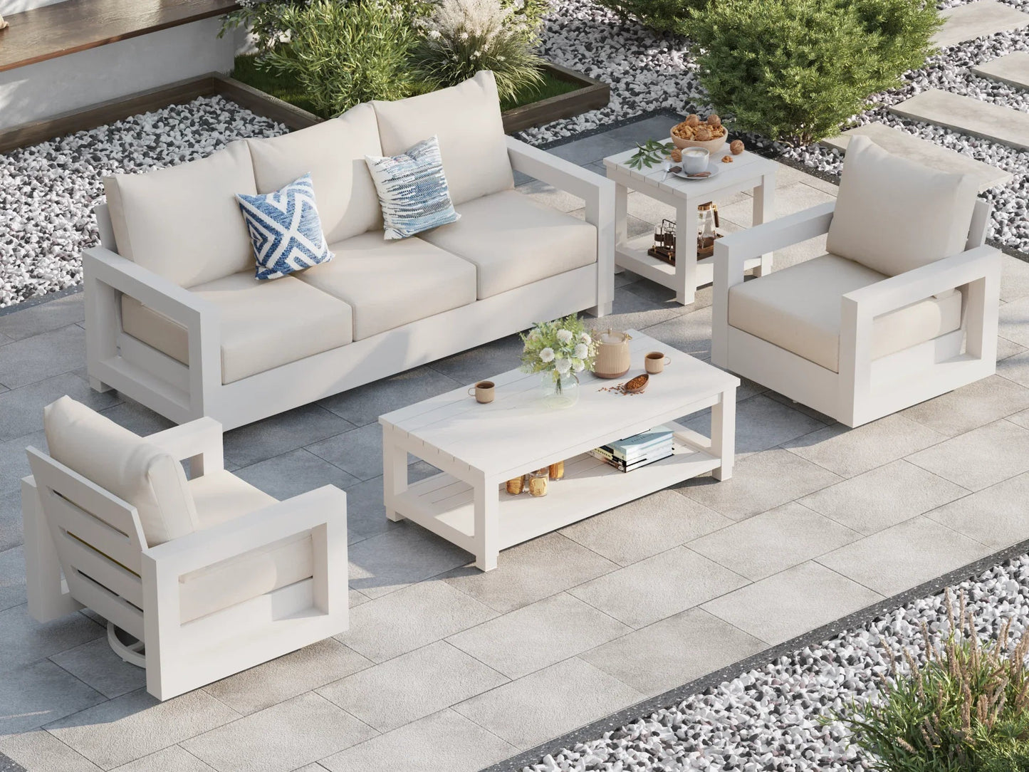 Aluminum Outdoor Sofa Set with Swivel Chairs and Tables