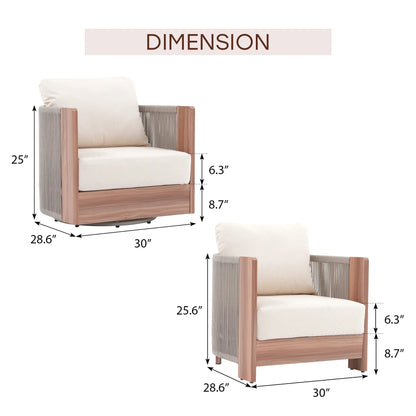 3 Piece Rope Rattan Outdoor Set with Swivel Chair Table