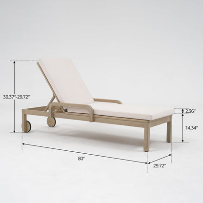 Wooden outdoor chaise lounge adjustable backrest wheels cushion